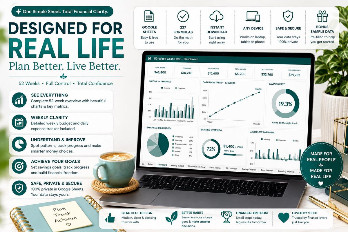 52-Week Cash Flow Tracker | Weekly Budget Planner with Running Balance (Google Sheets)