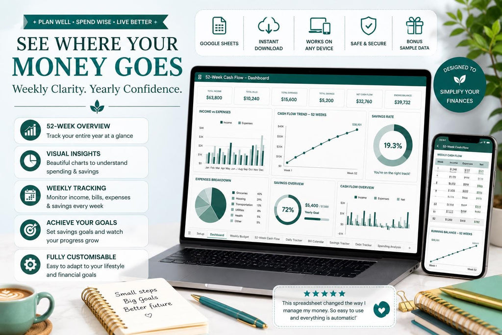 52-Week Cash Flow Tracker | Weekly Budget Planner with Running Balance (Google Sheets)