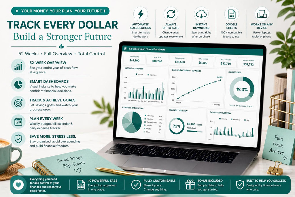 52-Week Cash Flow Tracker | Weekly Budget Planner with Running Balance (Google Sheets)