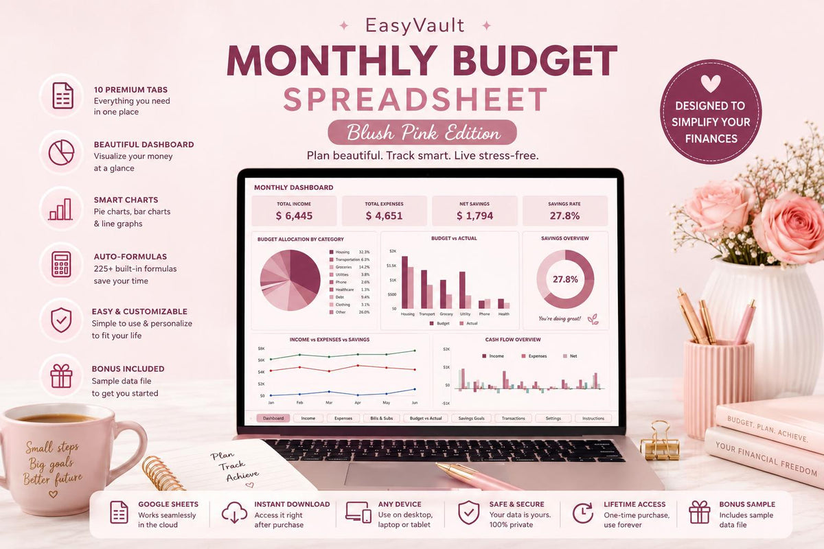 Monthly Budget Spreadsheet: Blush Pink Google Sheets Planner (Digital Download)