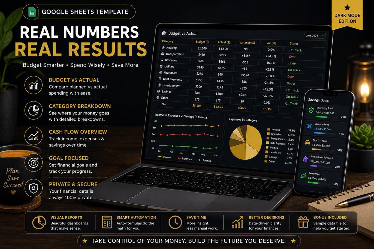 Dark Mode Monthly Budget Spreadsheet: Google Sheets Finance Tracker (Digital Download)