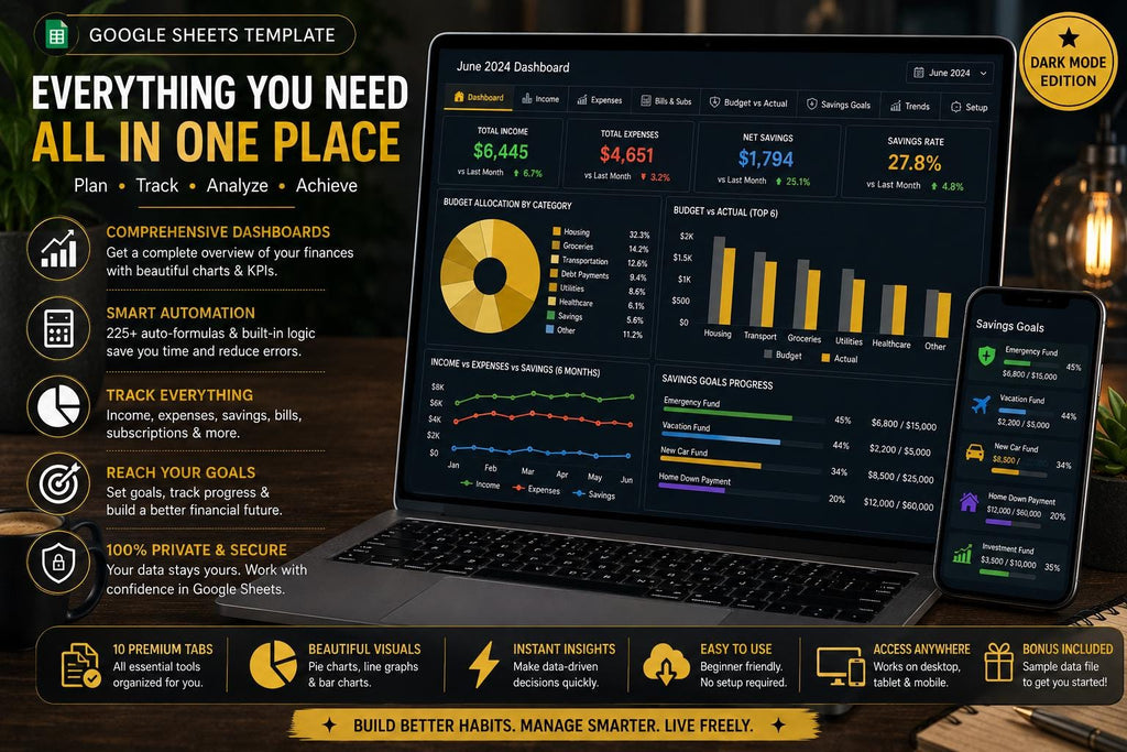 Dark Mode Monthly Budget Spreadsheet: Google Sheets Finance Tracker (Digital Download)
