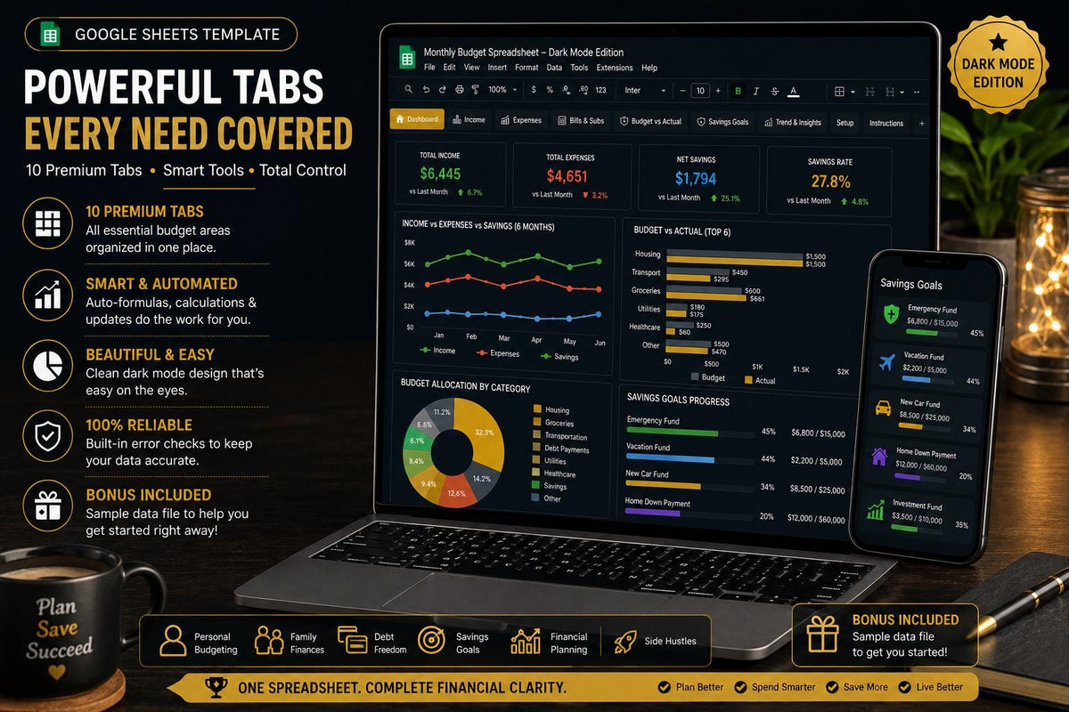 Dark Mode Monthly Budget Spreadsheet: Google Sheets Finance Tracker (Digital Download)