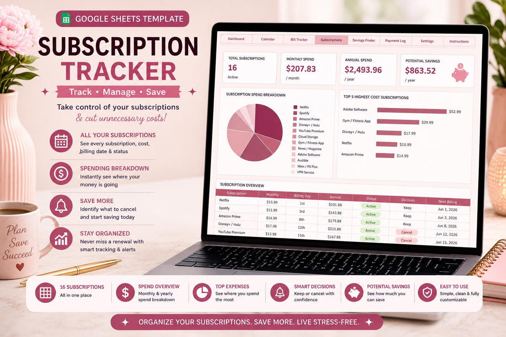 Blush Pink Bill Payment Calendar & Tracker (Google Sheets Template)