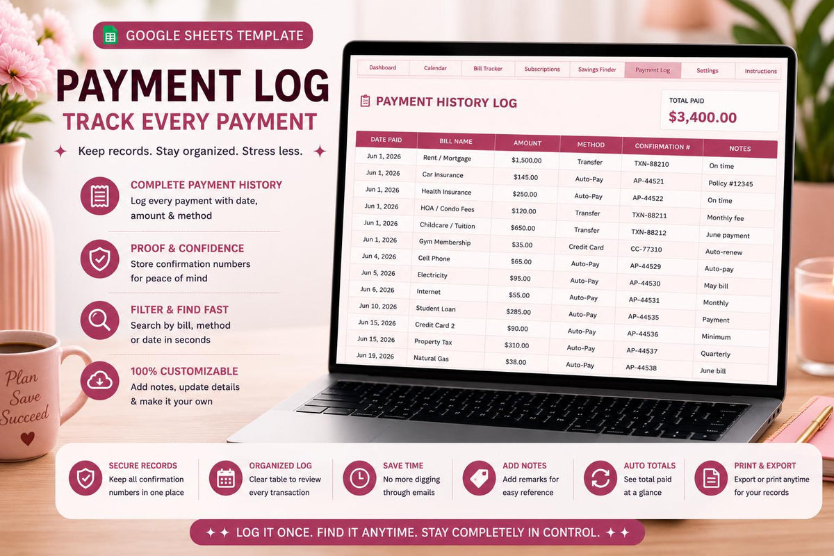 Blush Pink Bill Payment Calendar & Tracker (Google Sheets Template)