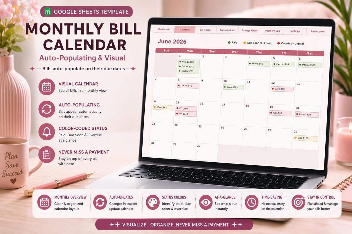 Blush Pink Bill Payment Calendar & Tracker (Google Sheets Template)