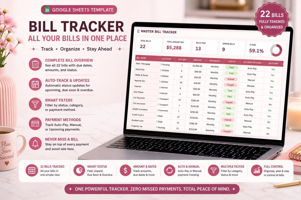 Blush Pink Bill Payment Calendar & Tracker (Google Sheets Template)