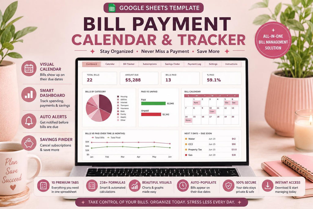 Blush Pink Bill Payment Calendar & Tracker (Google Sheets Template)