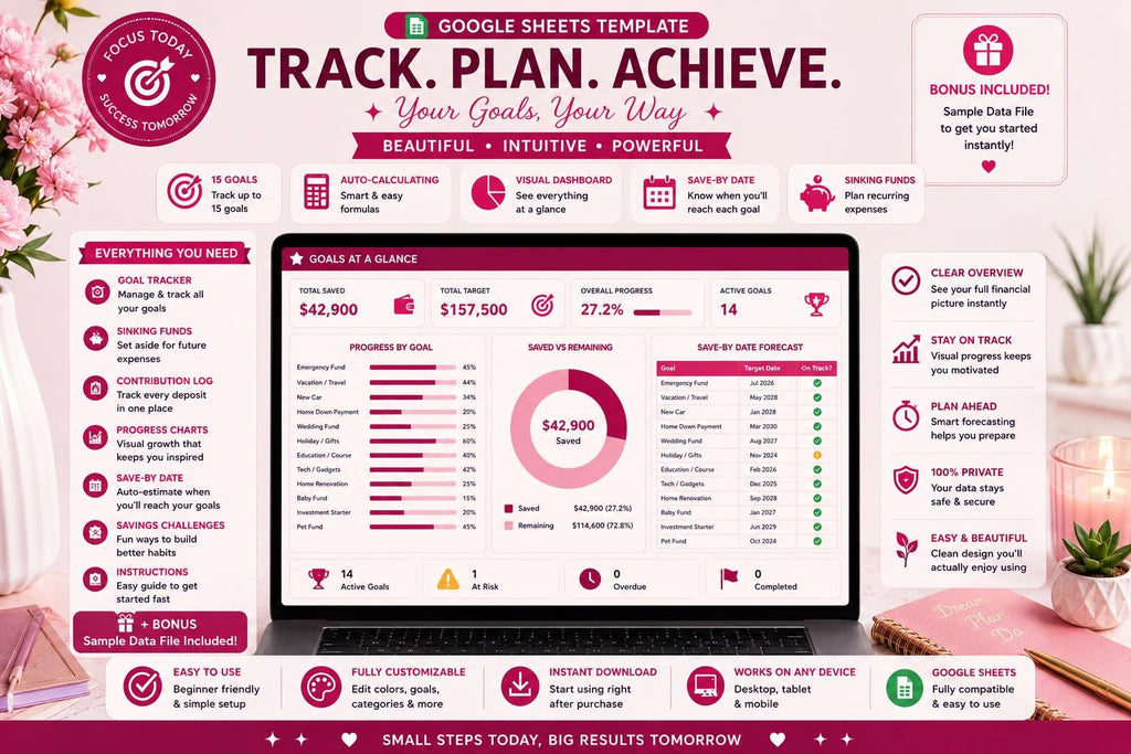 Blush Pink Savings Goal Tracker: 15 Goals, Sinking Funds, Challenges (Google Sheets)