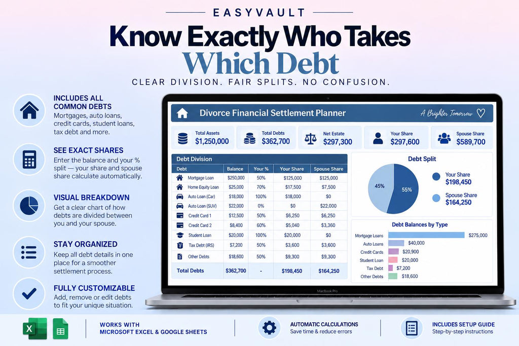 Divorce Financial Settlement Planner: Asset Division, Debt Split, Support Estimator (Google Sheets)