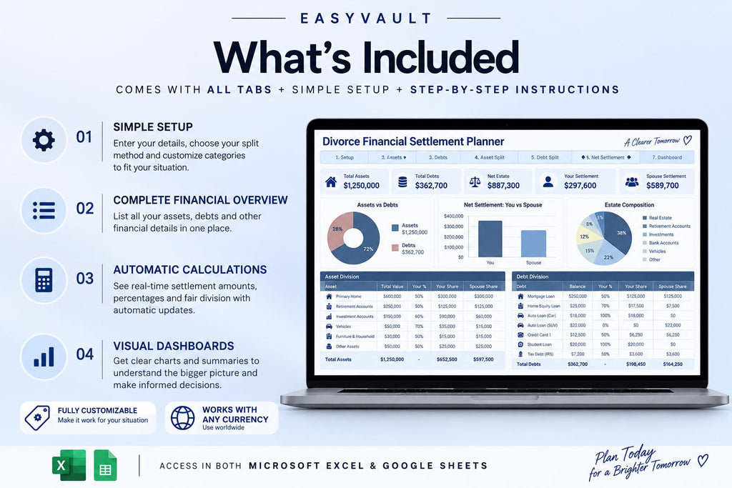 Divorce Financial Settlement Planner: Asset Division, Debt Split, Support Estimator (Google Sheets)