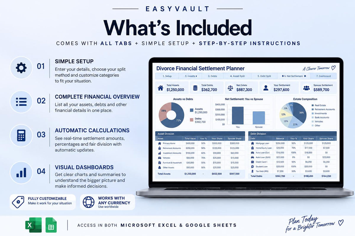 Divorce Financial Settlement Planner: Asset Division, Debt Split, Support Estimator (Google Sheets)