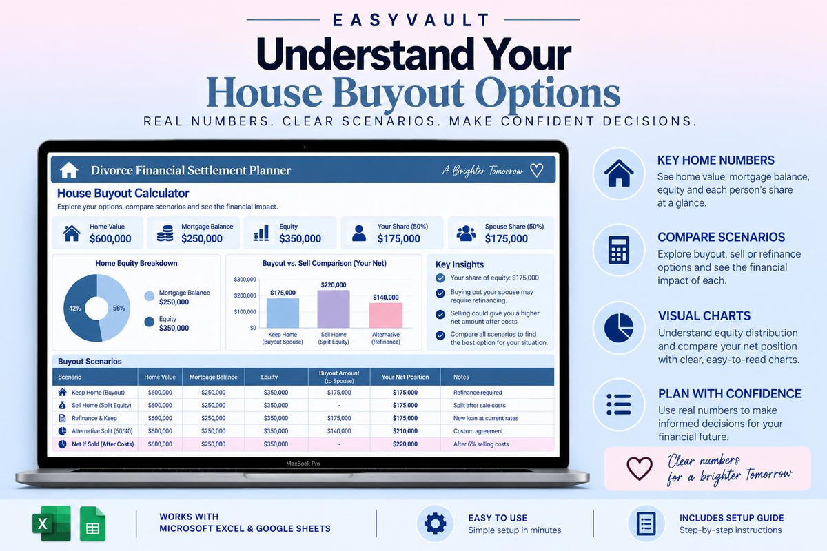 Divorce Financial Settlement Planner: Asset Division, Debt Split, Support Estimator (Google Sheets)