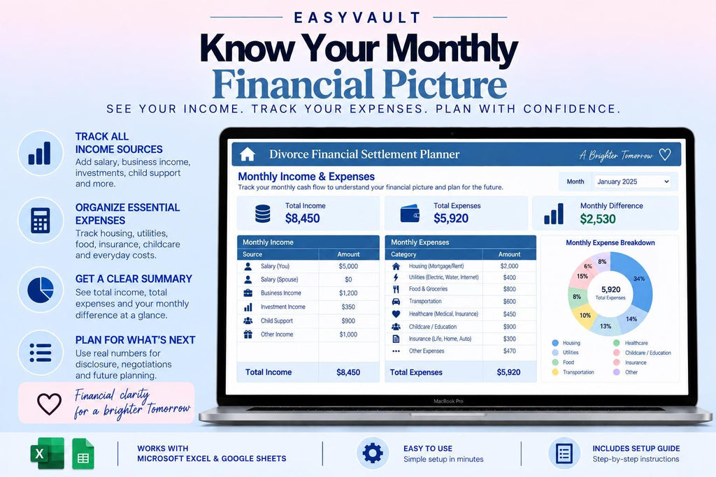 Divorce Financial Settlement Planner: Asset Division, Debt Split, Support Estimator (Google Sheets)
