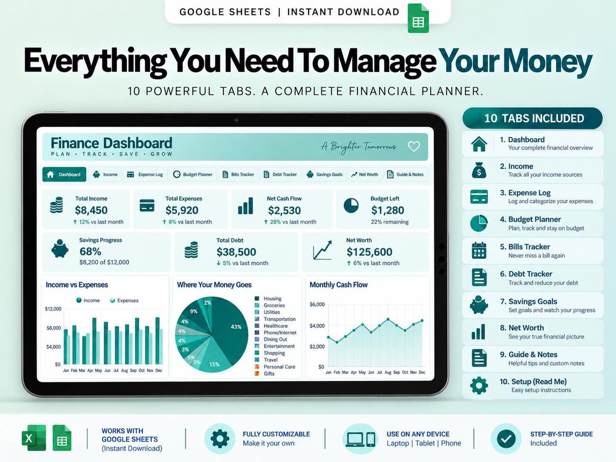 All-in-One Personal Finance Dashboard: Budget, Debt, Savings, Net Worth (Google Sheets)