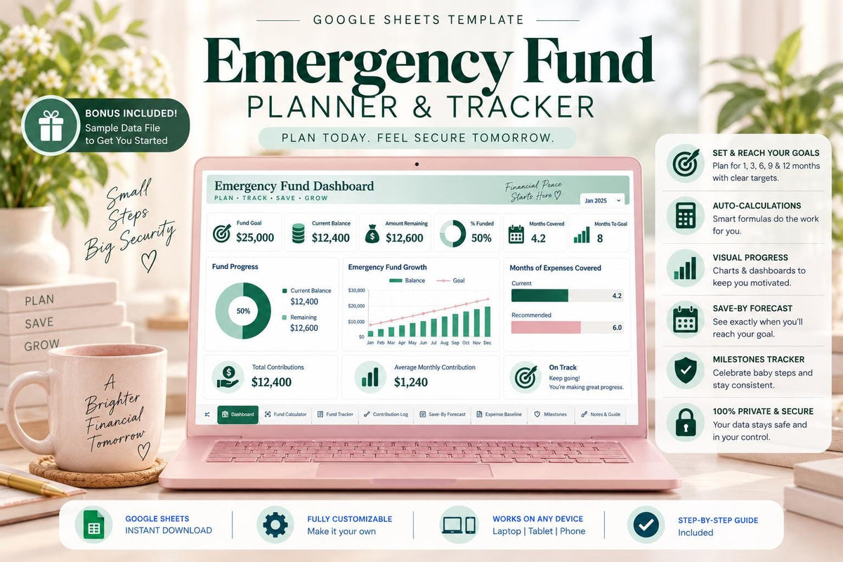 Emergency Fund Planner & Tracker: Google Sheets Template (10 Tabs)