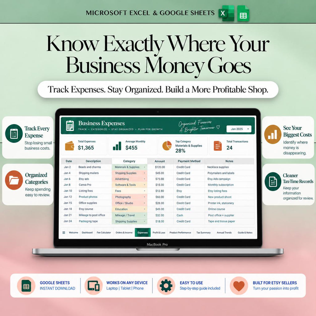 Etsy Seller Bookkeeping Spreadsheet Google Sheets Shop Fee Calculator Income Expense Profit Tracker Small Business Bookkeeping Template Tax
