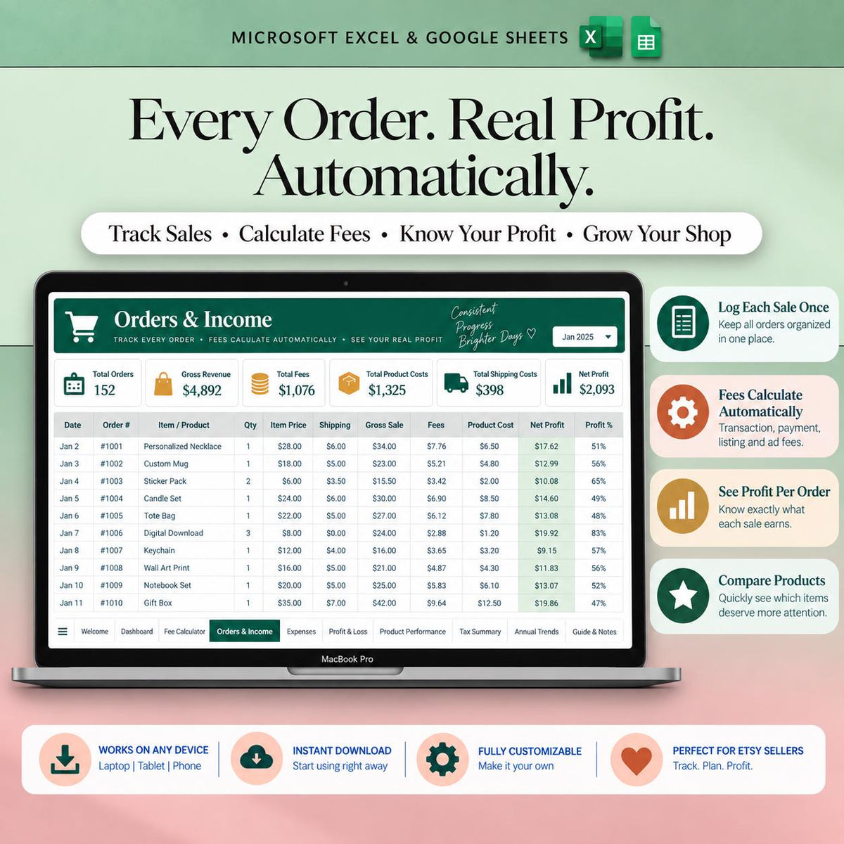 Etsy Seller Bookkeeping Spreadsheet Google Sheets Shop Fee Calculator Income Expense Profit Tracker Small Business Bookkeeping Template Tax