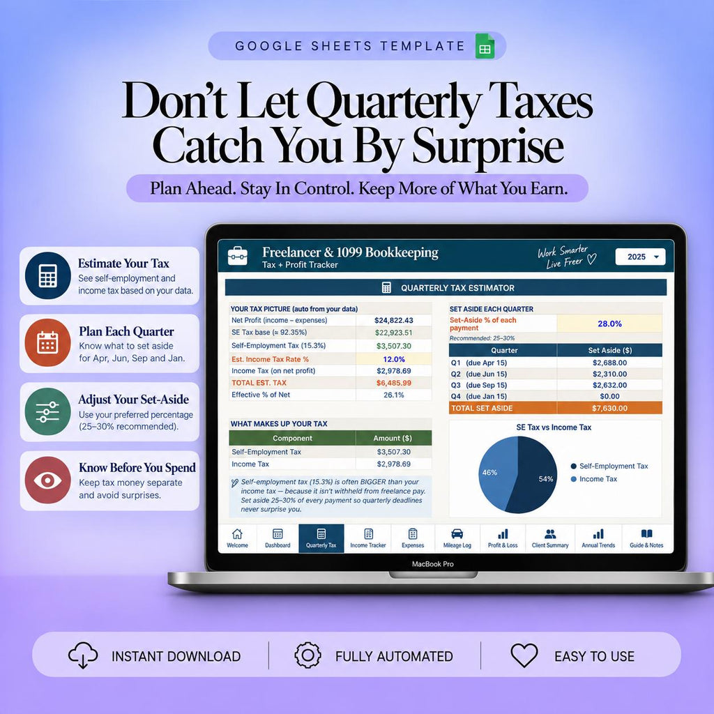 Freelancer Bookkeeping Spreadsheet Google Sheets 1099 Self Employed Tax Tracker Quarterly Estimated Tax Mileage Expense Log Schedule C