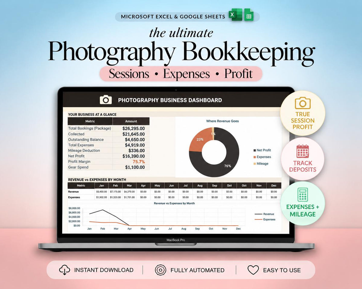 Photography Bookkeeping Spreadsheet Google Sheets Photographer Videographer Income Expense Tracker Session Profit Calculator Mileage Deposit