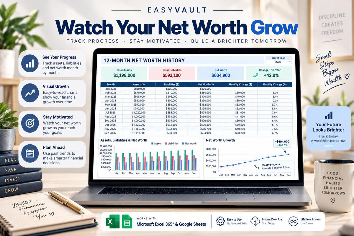 Complete Net Worth Tracker: Assets, Liabilities, Wealth Dashboard (Google Sheets)