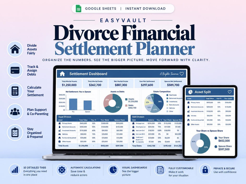 Divorce Financial Settlement Planner: Asset Division, Debt Split, Support Estimator (Google Sheets)