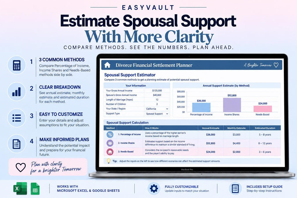 Divorce Financial Settlement Planner: Asset Division, Debt Split, Support Estimator (Google Sheets)