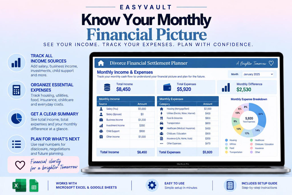 Divorce Financial Settlement Planner: Asset Division, Debt Split, Support Estimator (Google Sheets)