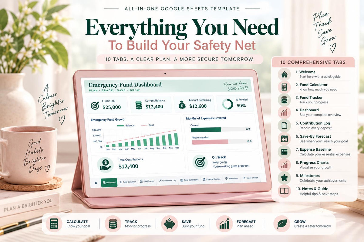 Emergency Fund Planner & Tracker: Google Sheets Template (10 Tabs)