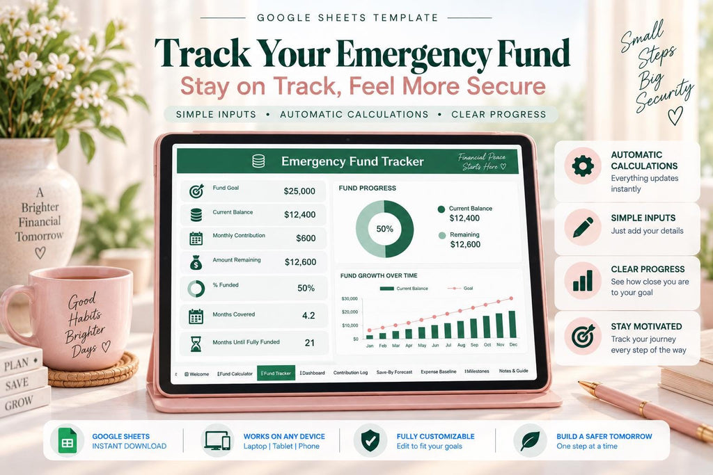 Emergency Fund Planner & Tracker: Google Sheets Template (10 Tabs)