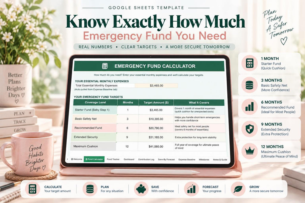 Emergency Fund Planner & Tracker: Google Sheets Template (10 Tabs)