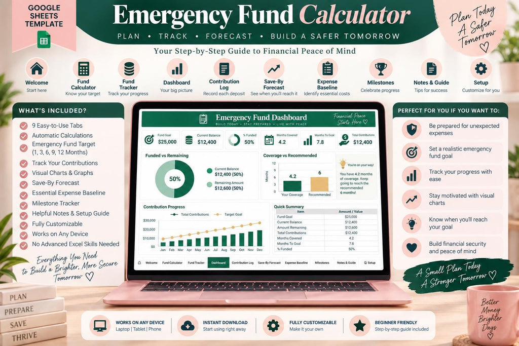 Emergency Fund Planner & Tracker: Google Sheets Template (10 Tabs)