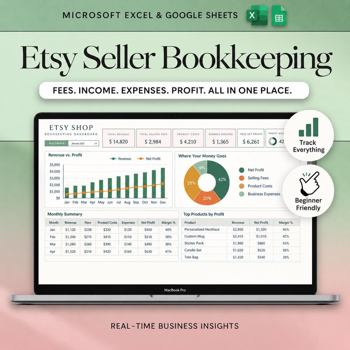 Etsy Seller Bookkeeping Spreadsheet Google Sheets Shop Fee Calculator Income Expense Profit Tracker Small Business Bookkeeping Template Tax