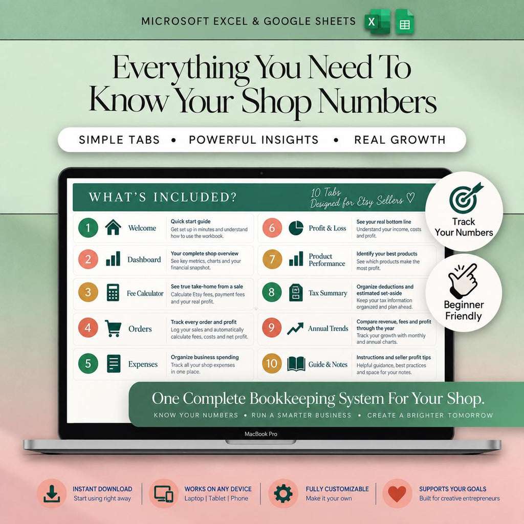 Etsy Seller Bookkeeping Spreadsheet Google Sheets Shop Fee Calculator Income Expense Profit Tracker Small Business Bookkeeping Template Tax