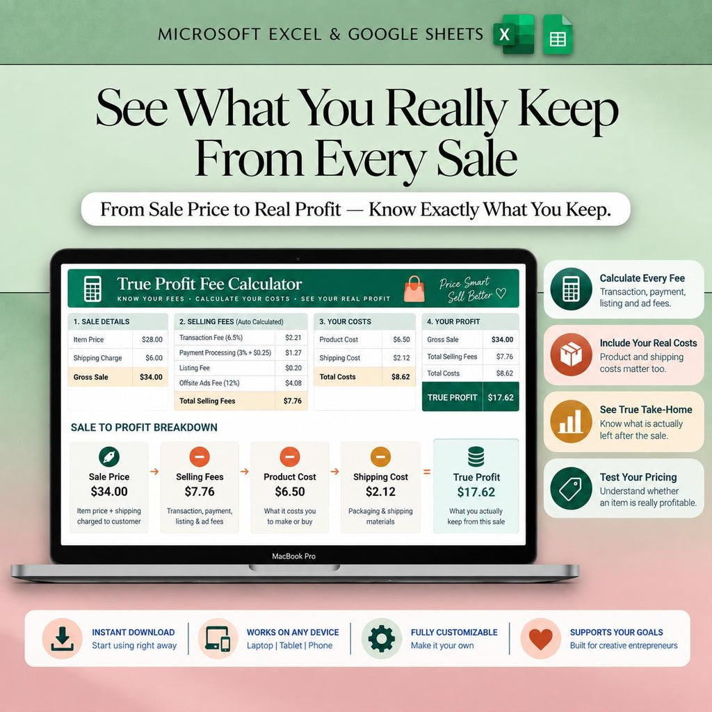 Etsy Seller Bookkeeping Spreadsheet Google Sheets Shop Fee Calculator Income Expense Profit Tracker Small Business Bookkeeping Template Tax