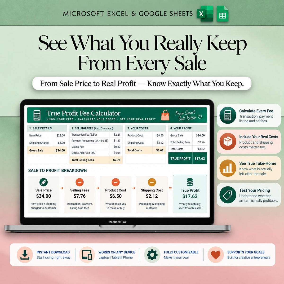 Etsy Seller Bookkeeping Spreadsheet Google Sheets Shop Fee Calculator Income Expense Profit Tracker Small Business Bookkeeping Template Tax