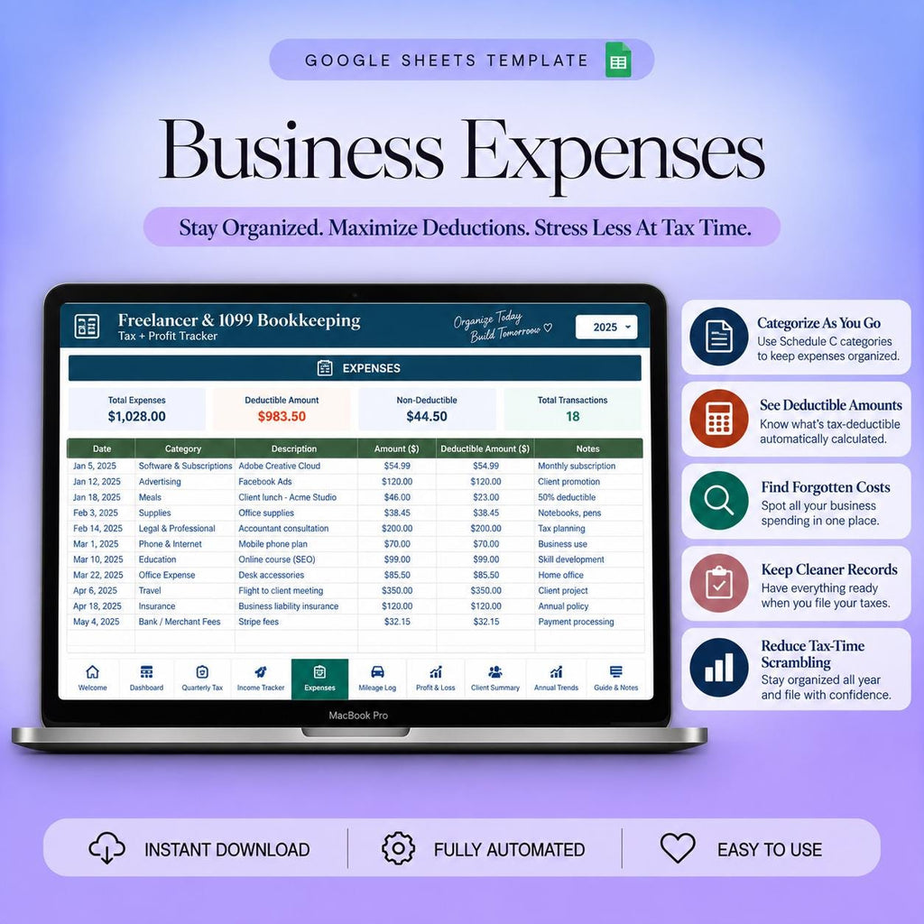 Freelancer Bookkeeping Spreadsheet Google Sheets 1099 Self Employed Tax Tracker Quarterly Estimated Tax Mileage Expense Log Schedule C