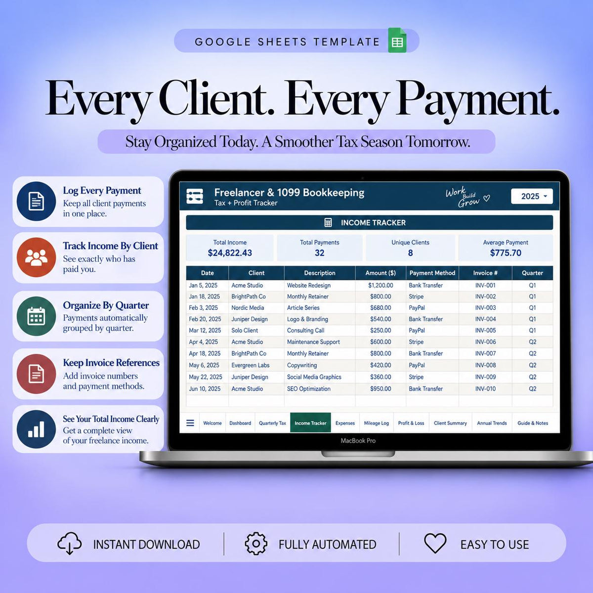 Freelancer Bookkeeping Spreadsheet Google Sheets 1099 Self Employed Tax Tracker Quarterly Estimated Tax Mileage Expense Log Schedule C